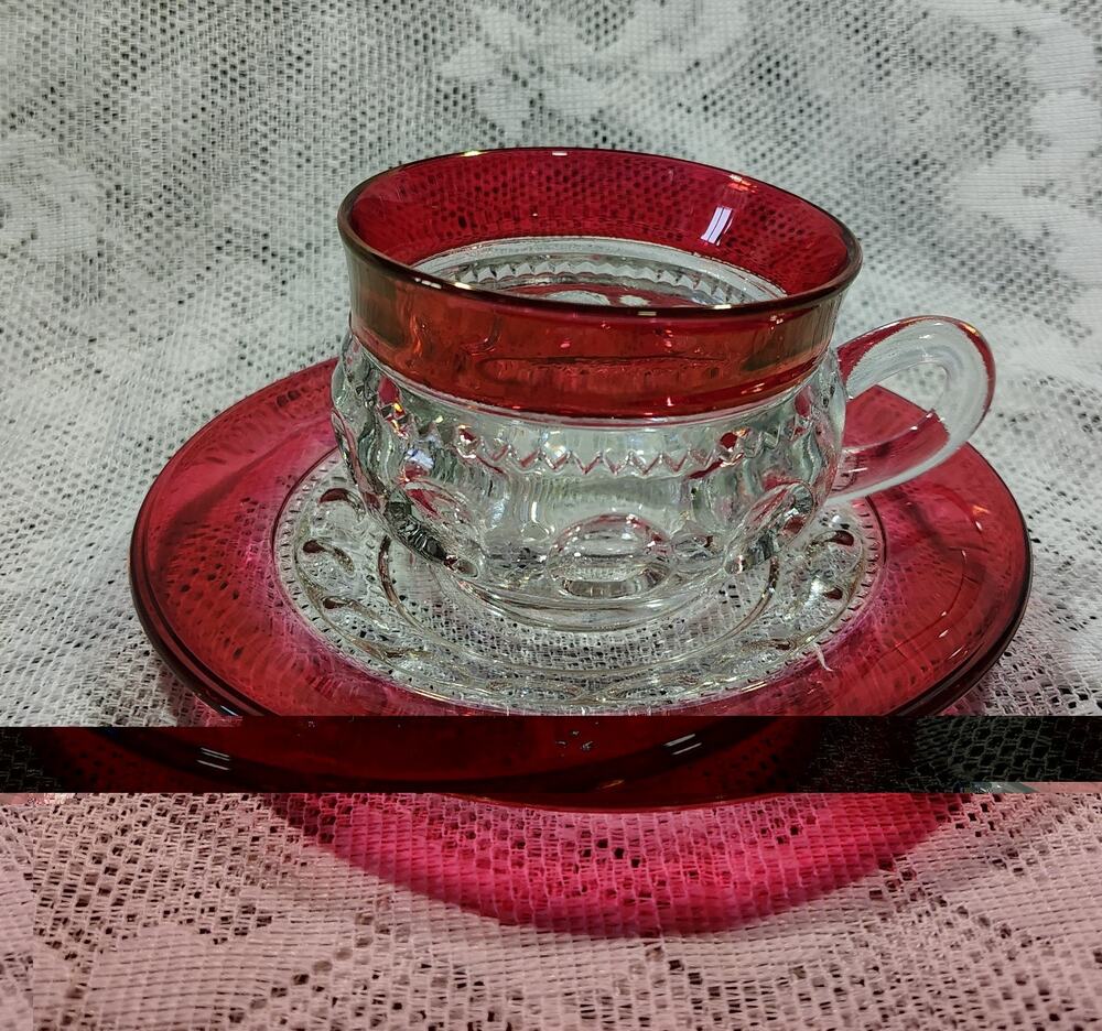 Vintage Tiffin Cup & Saucer Ruby Red & Clear Glass Kings Crown (#3)